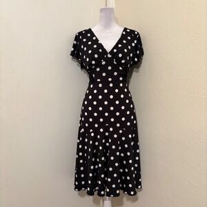 90s Vintage Black White Polka Dot V-Neck Flutter Sleeve Midi Dress Tie Back L